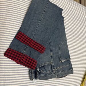 Blue Women's Cuffed Jeans with Red Plaid Lining